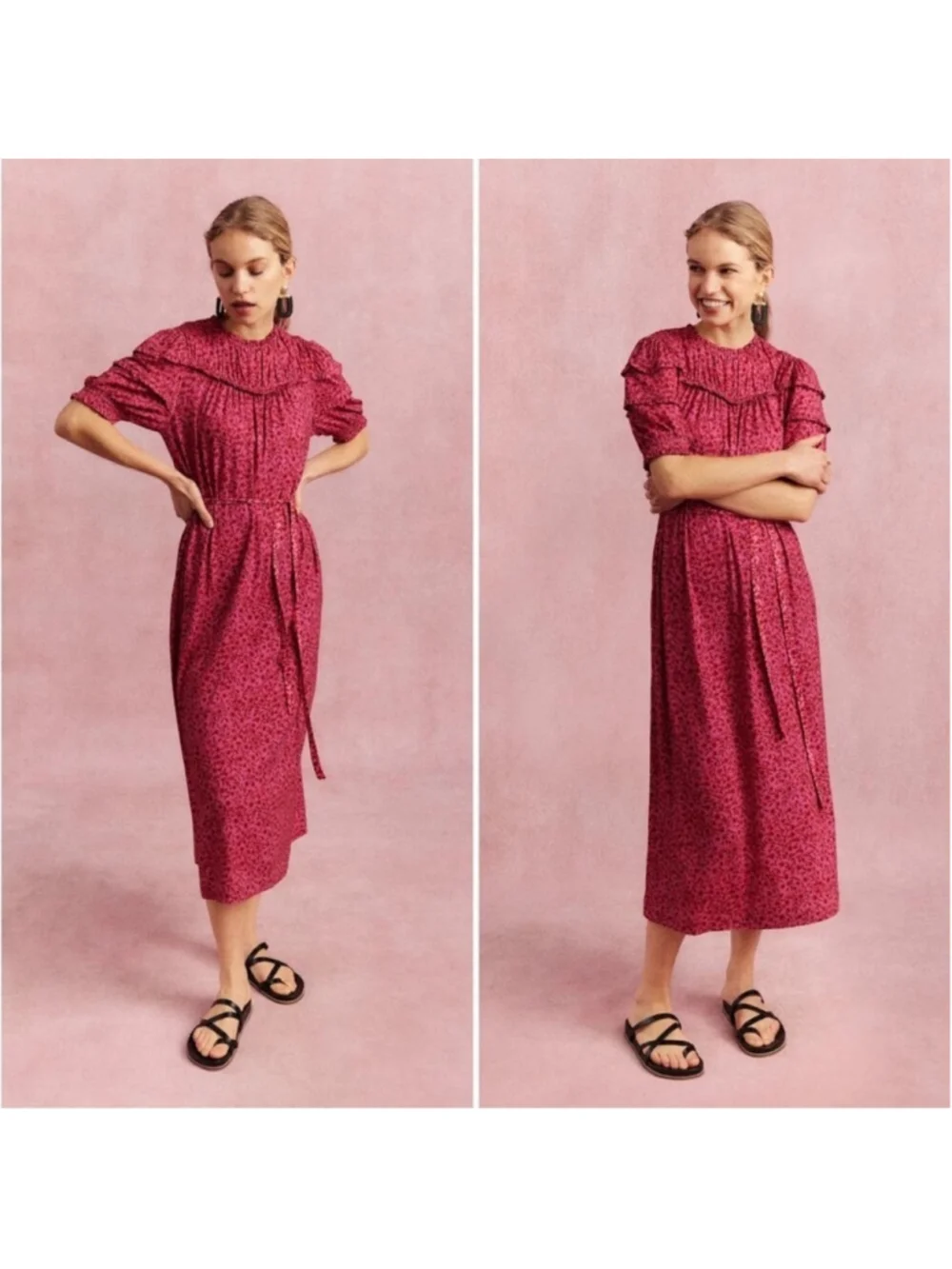 Boden Pink Red Yoke Detail Jersey Midi Dress in Gin Fizz Abstract Vine Size 8L - Picture 2 of 16
